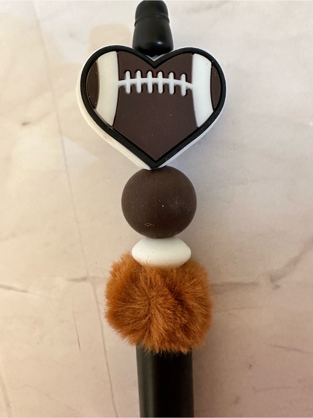 Heart Football Charm Handmade Pen in Brown & White with Faux Fur Pom